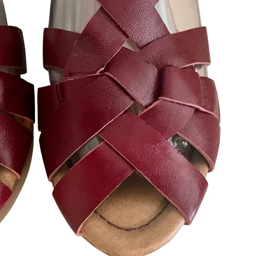 Miz Mooz Gizmo Maroon Leather Strappy Wood Wedge Slingback Sandals Basketweave